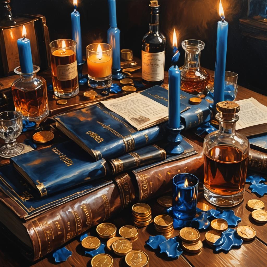 Ornate Figure with Book and Candles in Oil Painting Style