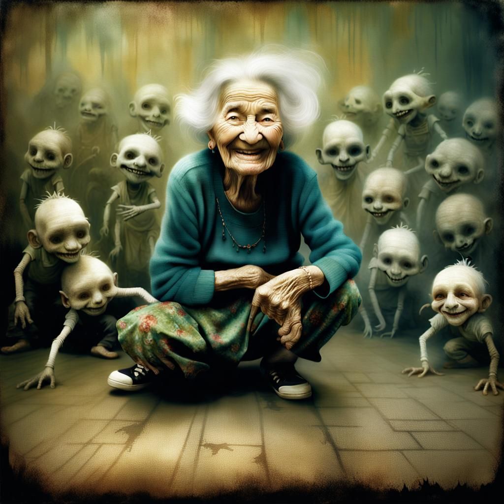 Eerie Tropical Scene: Old Woman Watches Breakdancers