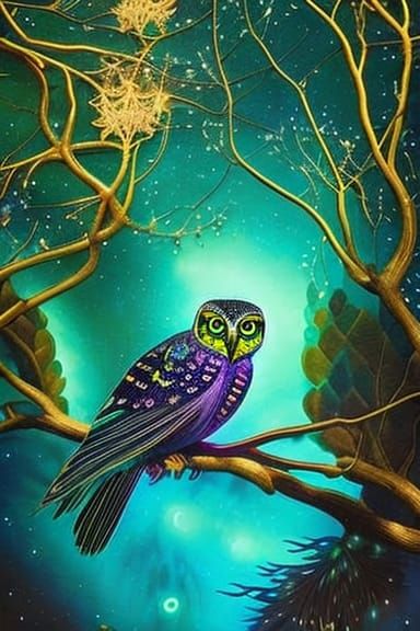 Bioluminescent Owl in Dark, Surreal Collage Illustration