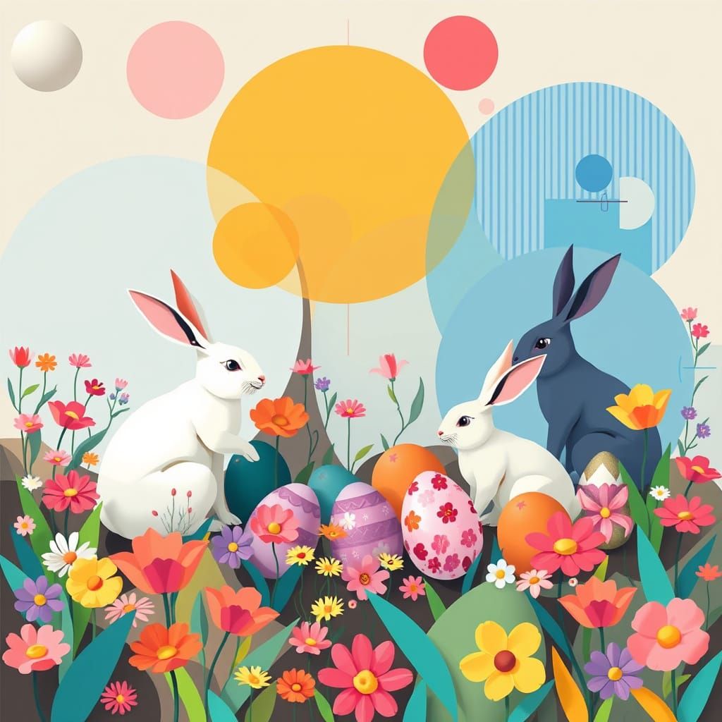 Whimsical Geometric Art of Bunnies and Easter Eggs