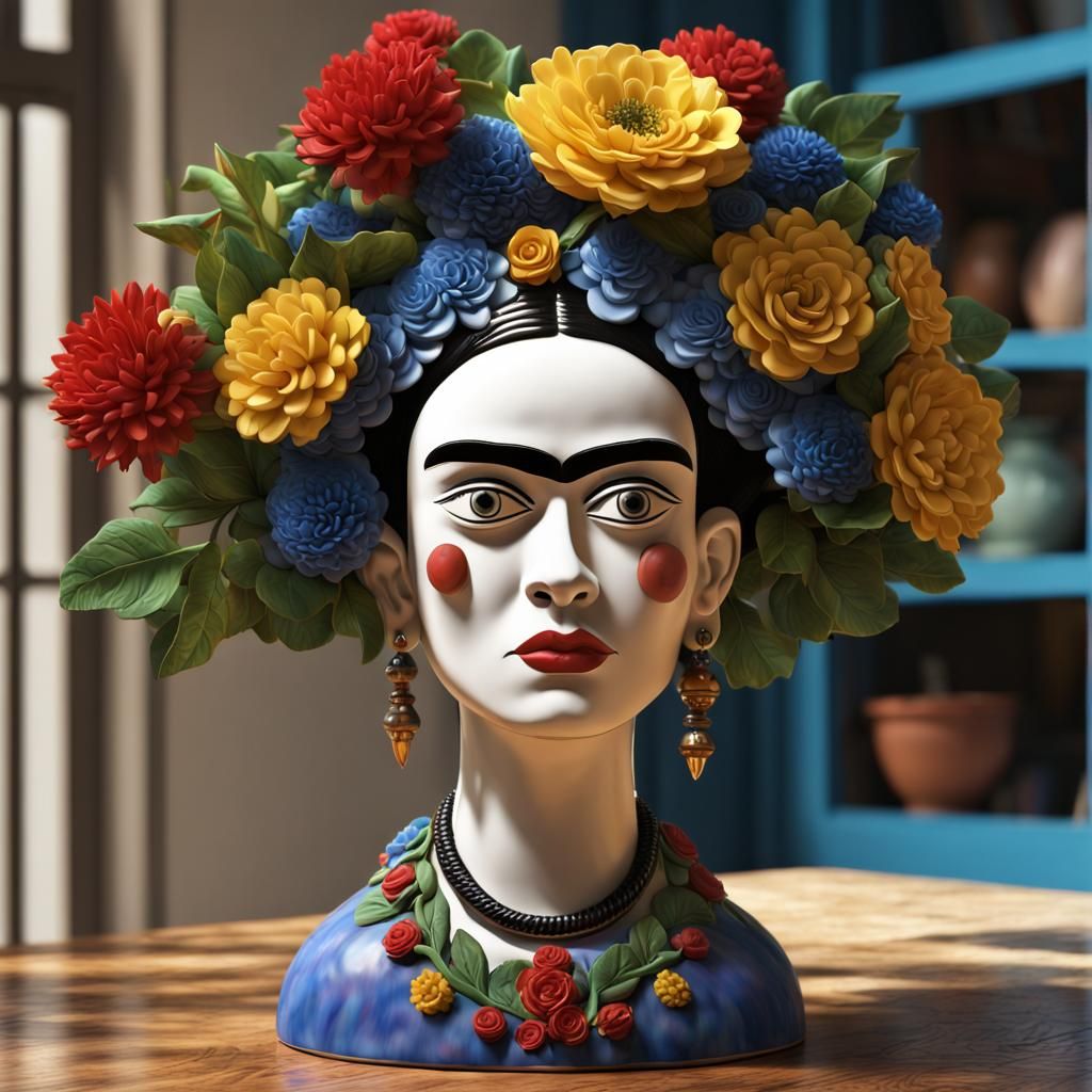 Frida Kahlo Head Vase with Flowers, 3D Pottery