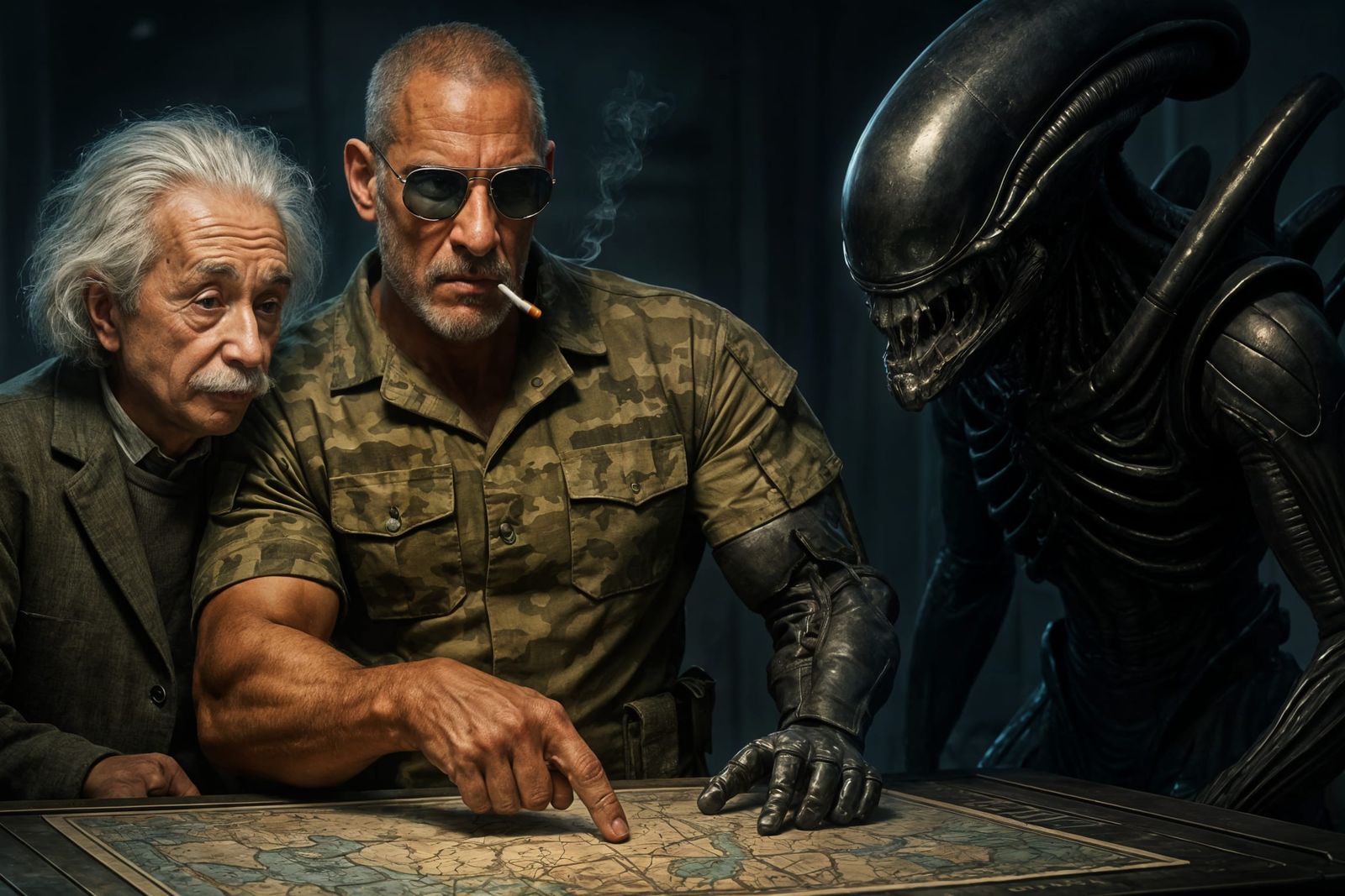 Soldier with Einstein & Xenomorph Study Battle Plans