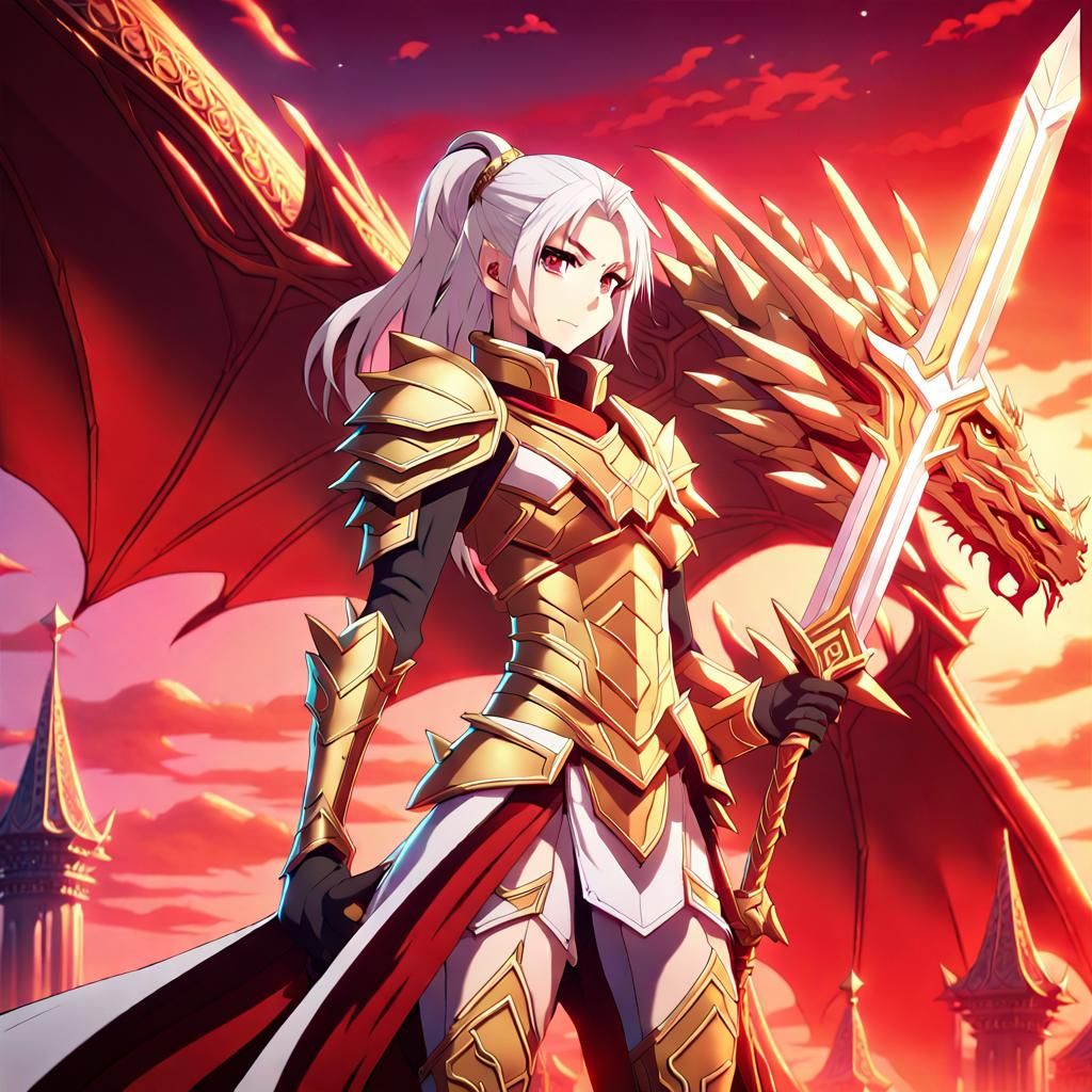 Anime Dragon Paladin with Sword in Crystal Palace