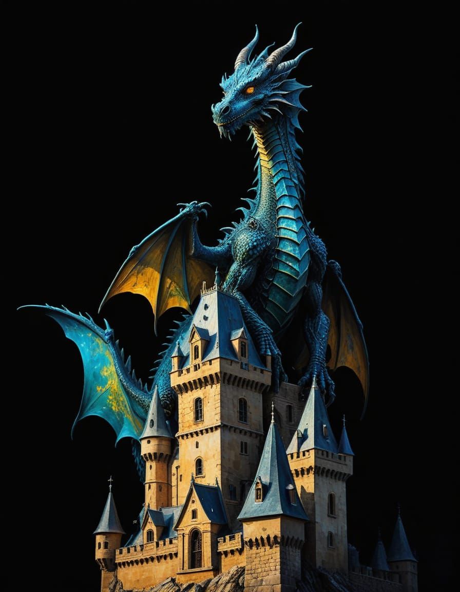 Anthropomorphic Dragon on Castle Parapet as Detailed Matte P...