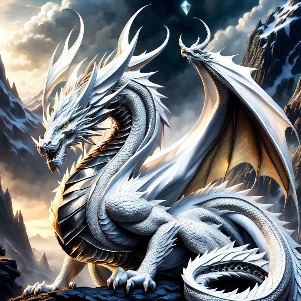 Masterpiece, perfect composition, beautiful, epic, fantastical, mythic, fantasy. (White diamond dragon:1.5). intricate d...