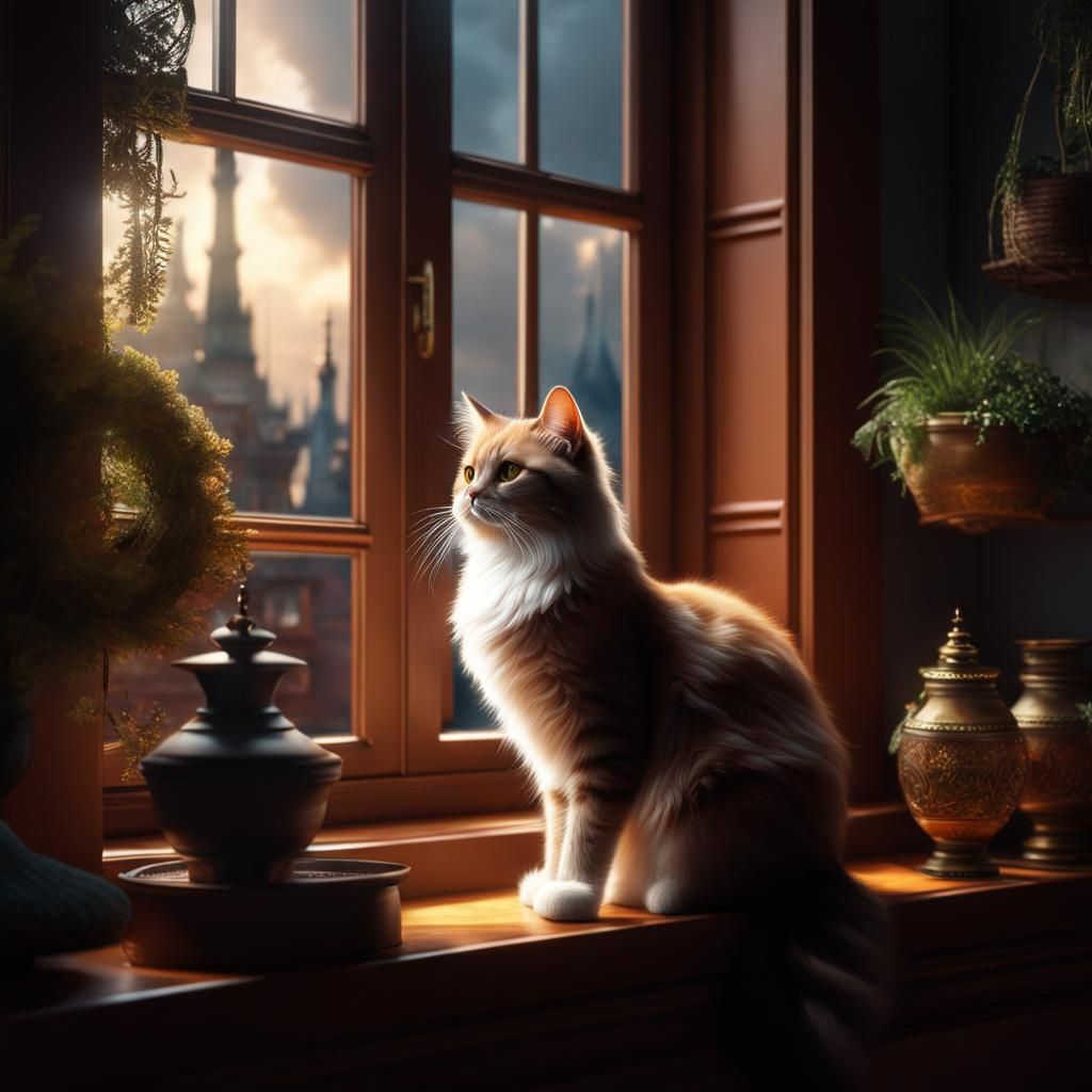 Fluffy Cat on Windowsill: Digital Matte Painting
