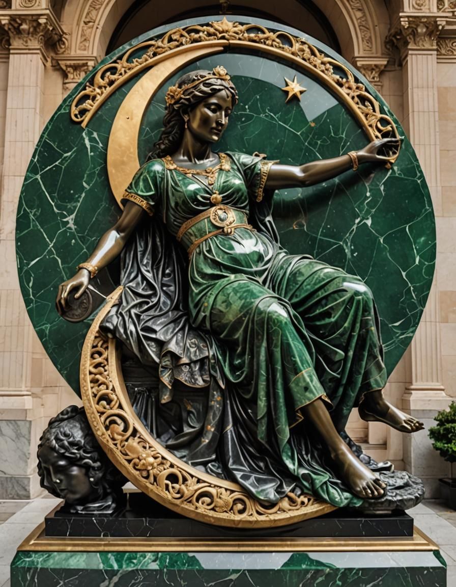 Art Deco Marble Statue on Crescent Moon
