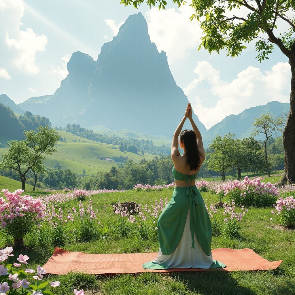 Yoga in Green Landscape: 3D Anime Art