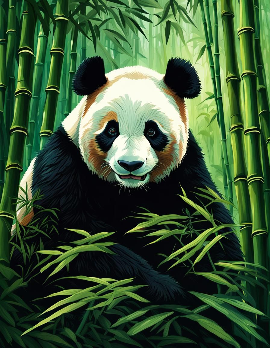 Giant Panda Portrait in Dense Bamboo Jungle