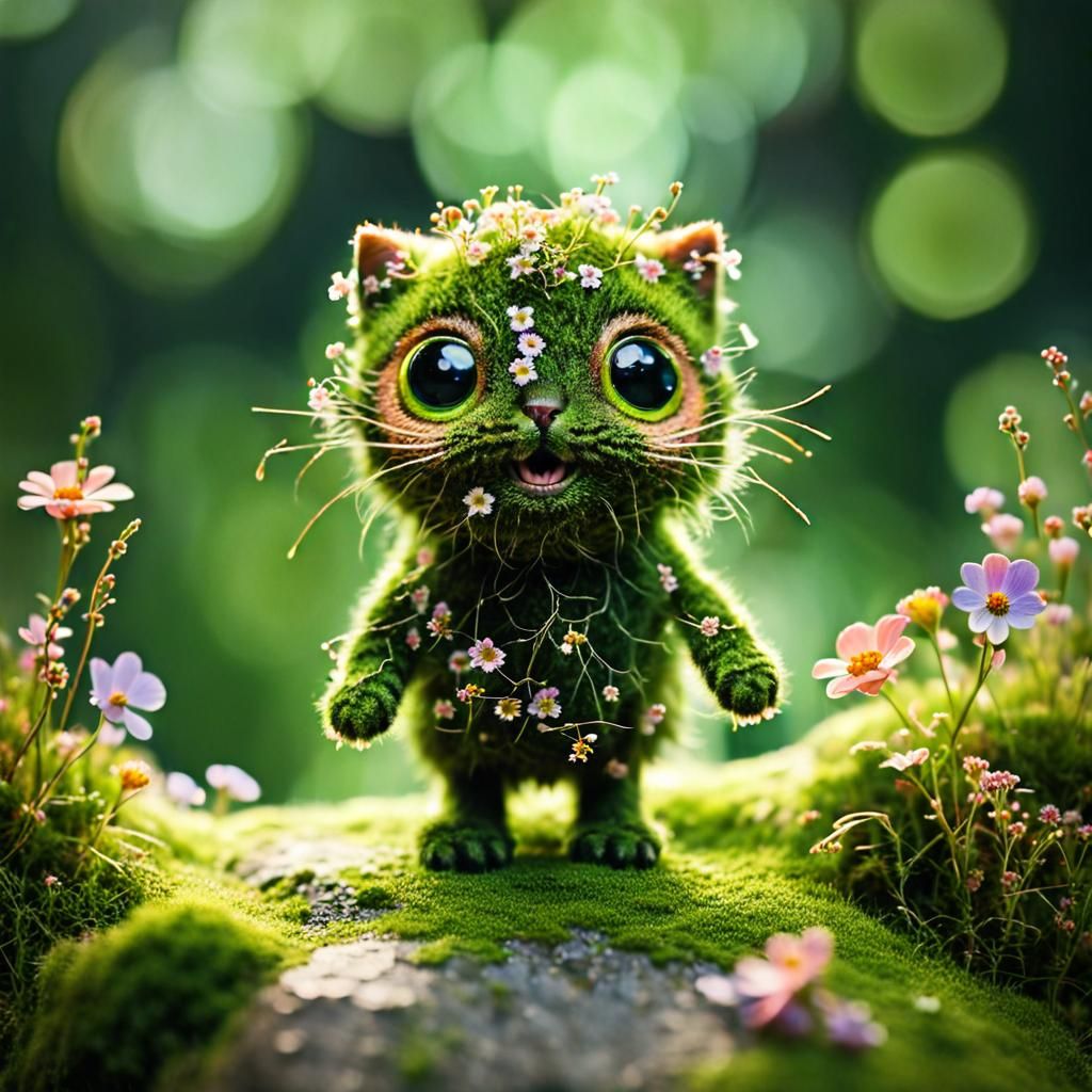 Adorable Moss Cat Creature with Big Shiny Eyes