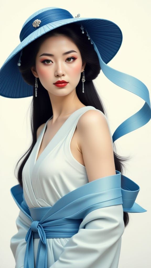 Art Deco Portrait of Elegant Woman with Flowing Ribbons