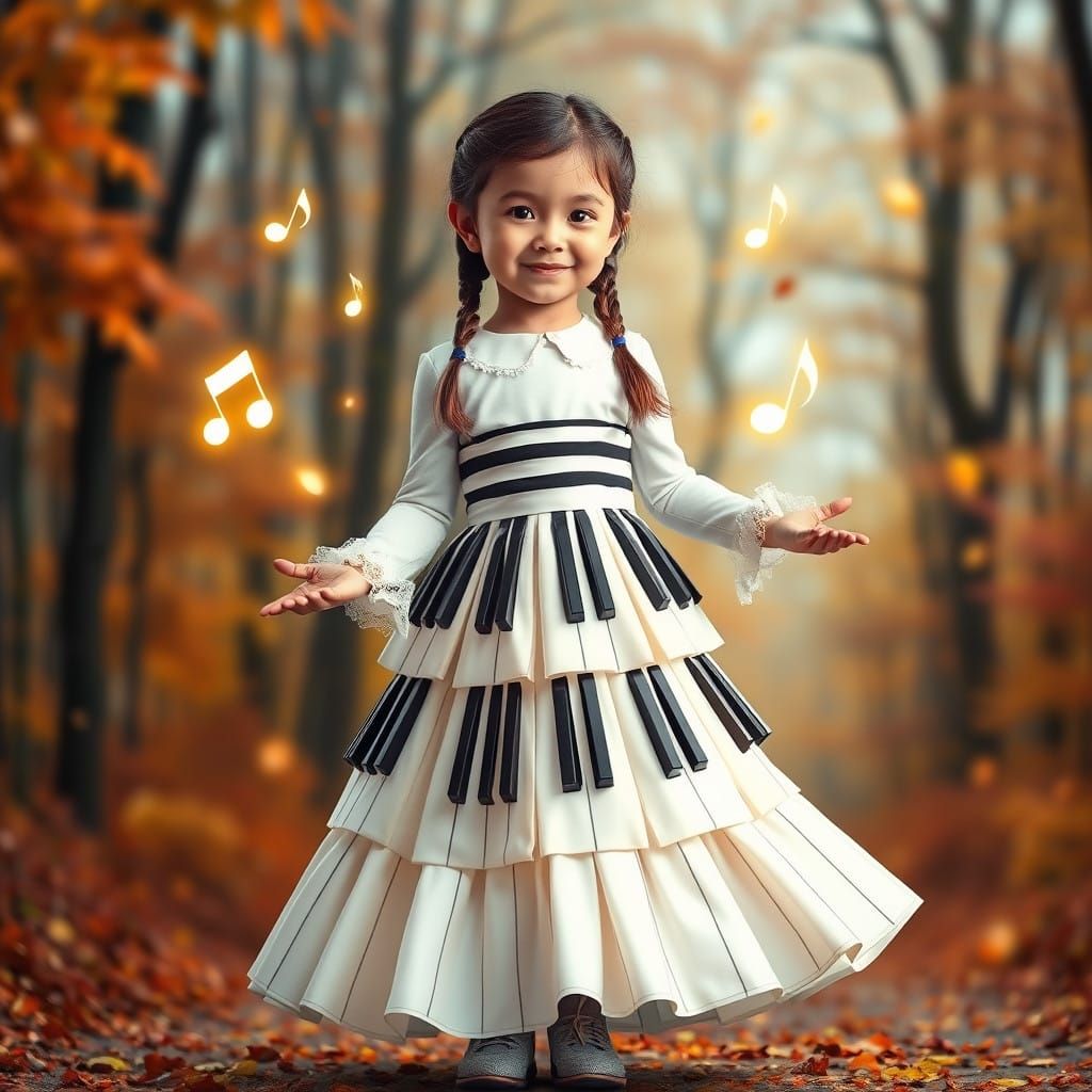 Surreal Autumn Girl in Musical Piano Key Dress