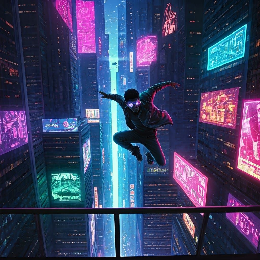 Cyberpunk Athlete Leaps Through Neon Cityscape