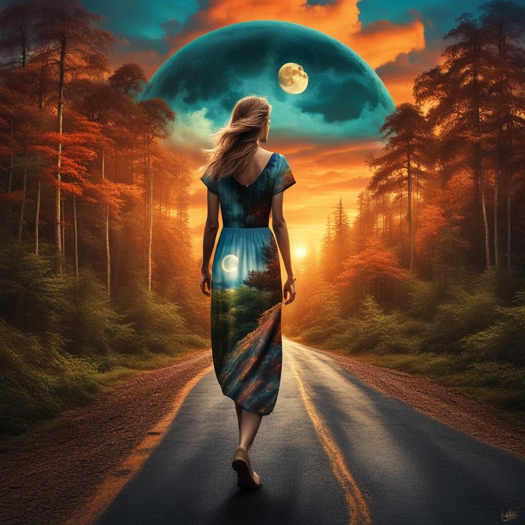Hyperrealistic Woman Walks Through Forest at Sunset