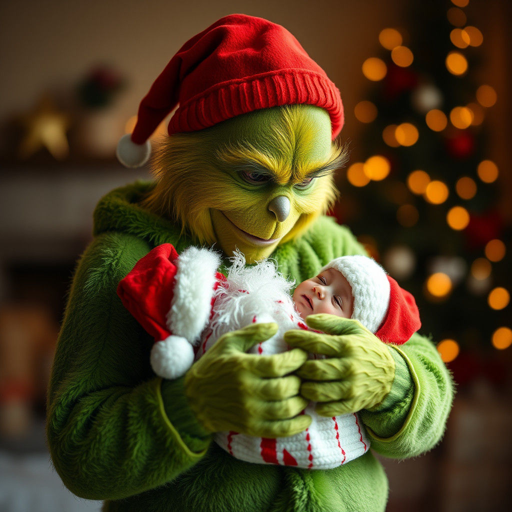 Tender Grinch Cradling Baby Santa in Golden Light