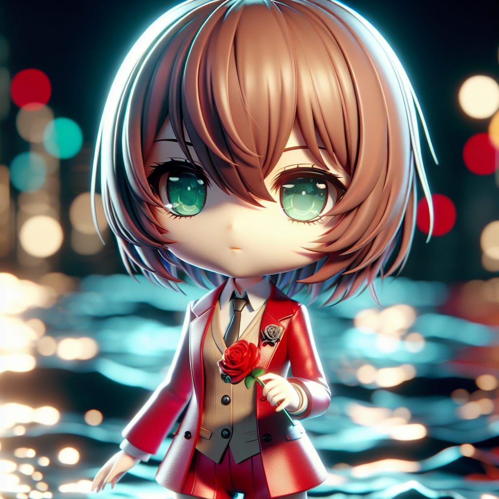 Chibi Girl with Rose in Anime Style