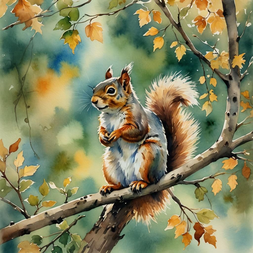 Squirrel on Branch in Impressionist Watercolor