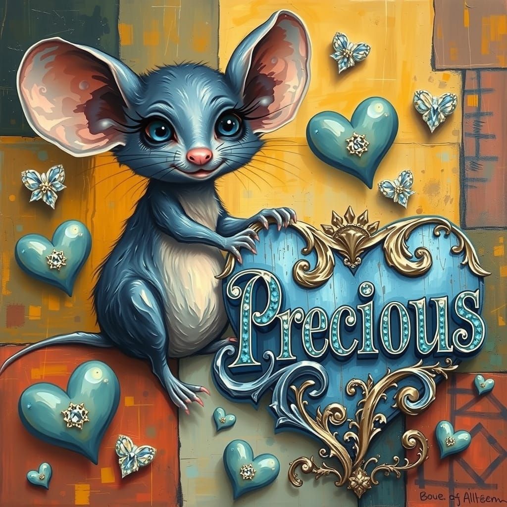 A slate blue and ivory baby mouse with a sweet, endearing sm...