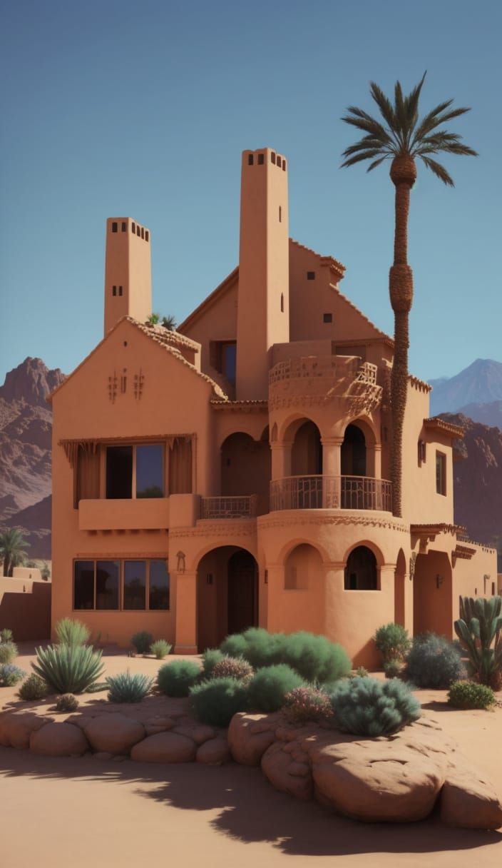 Desert Adobe Home in Photoillustration Style