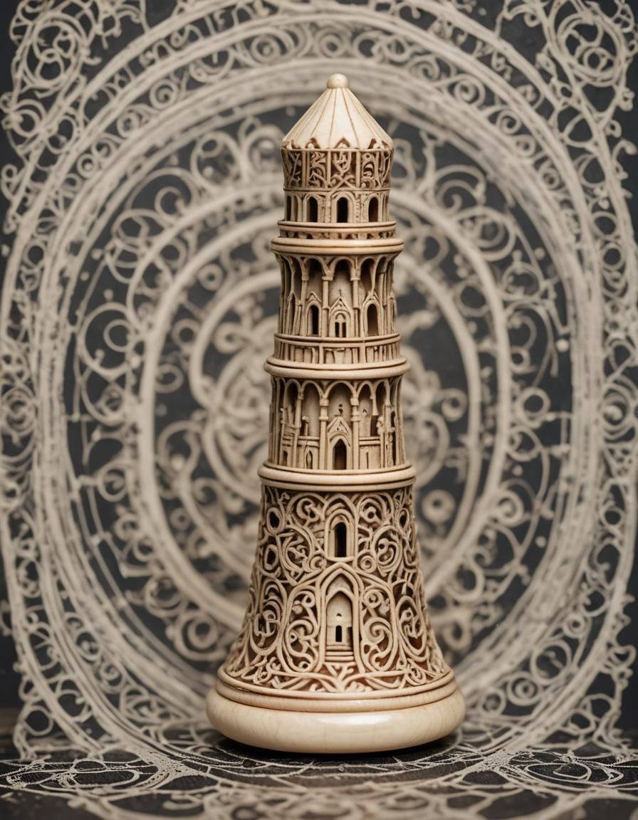 Detailed Scrimshaw Castle Rook Chess Piece