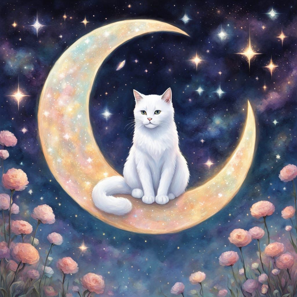 Fluffy Cat on Moon Gazing at Sparkling Galaxy