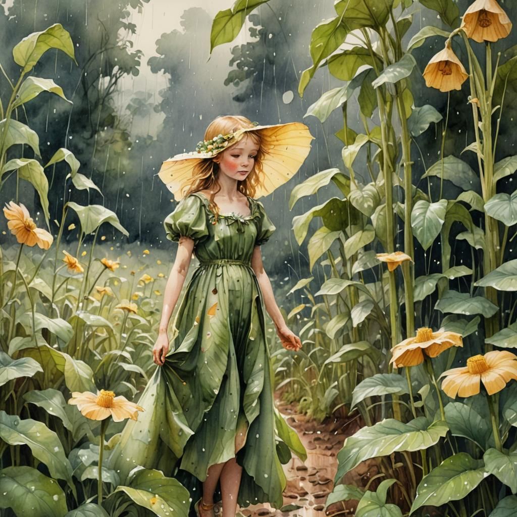 Thumbelina in the Rain: A Whimsical Watercolor