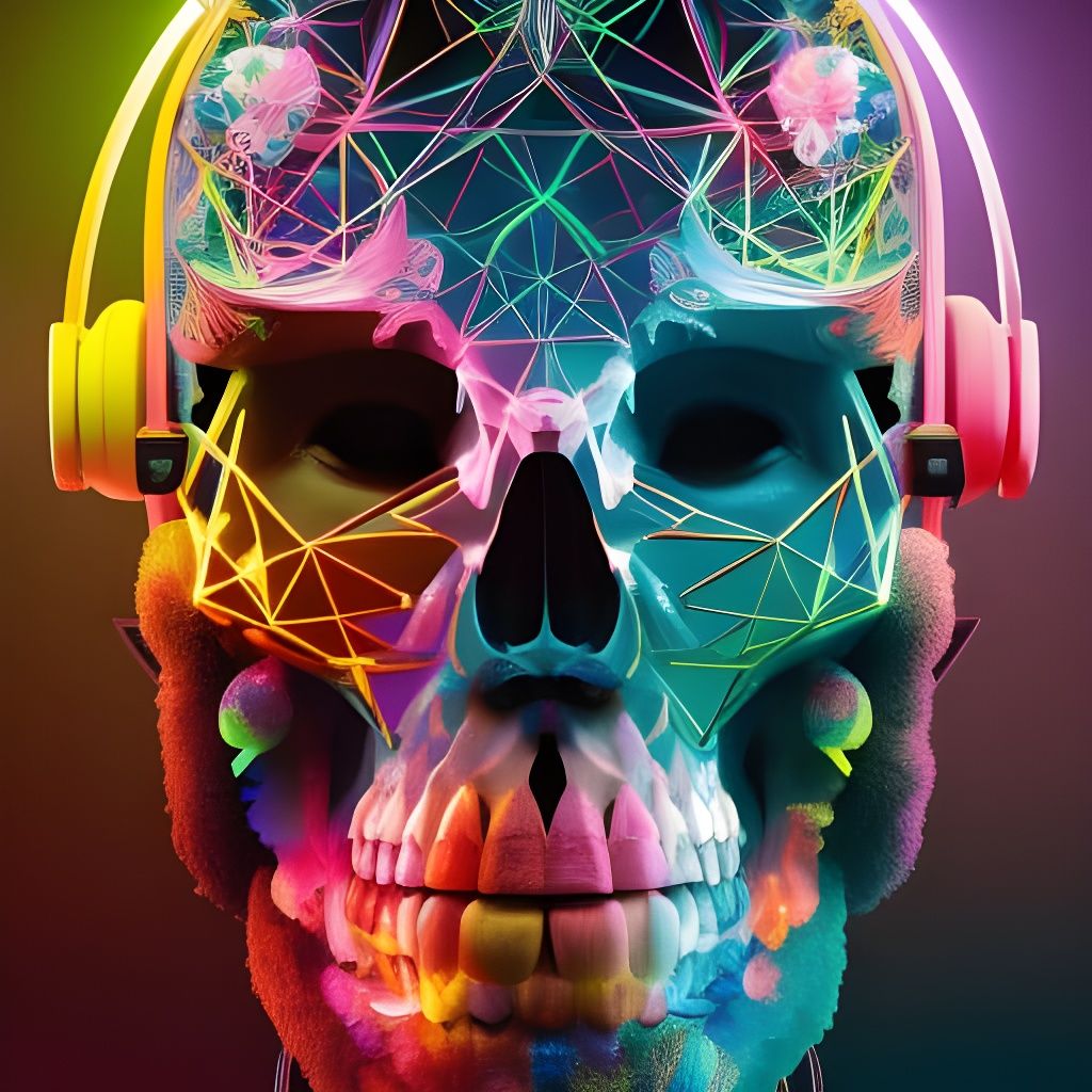 Neon Skull with Headphones in Psychedelic Style