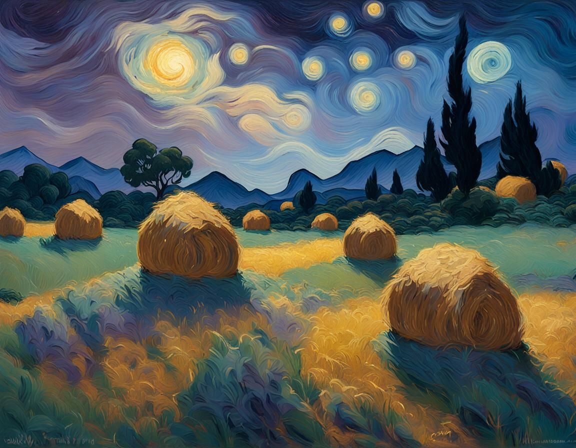Haystacks Under Starry Night Sky: Impressionist Landscape