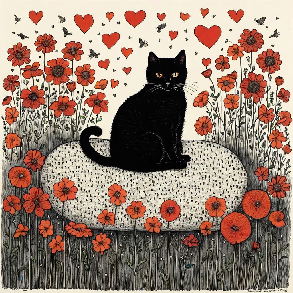 Cat Surrounded by Flowers in Gorey Style