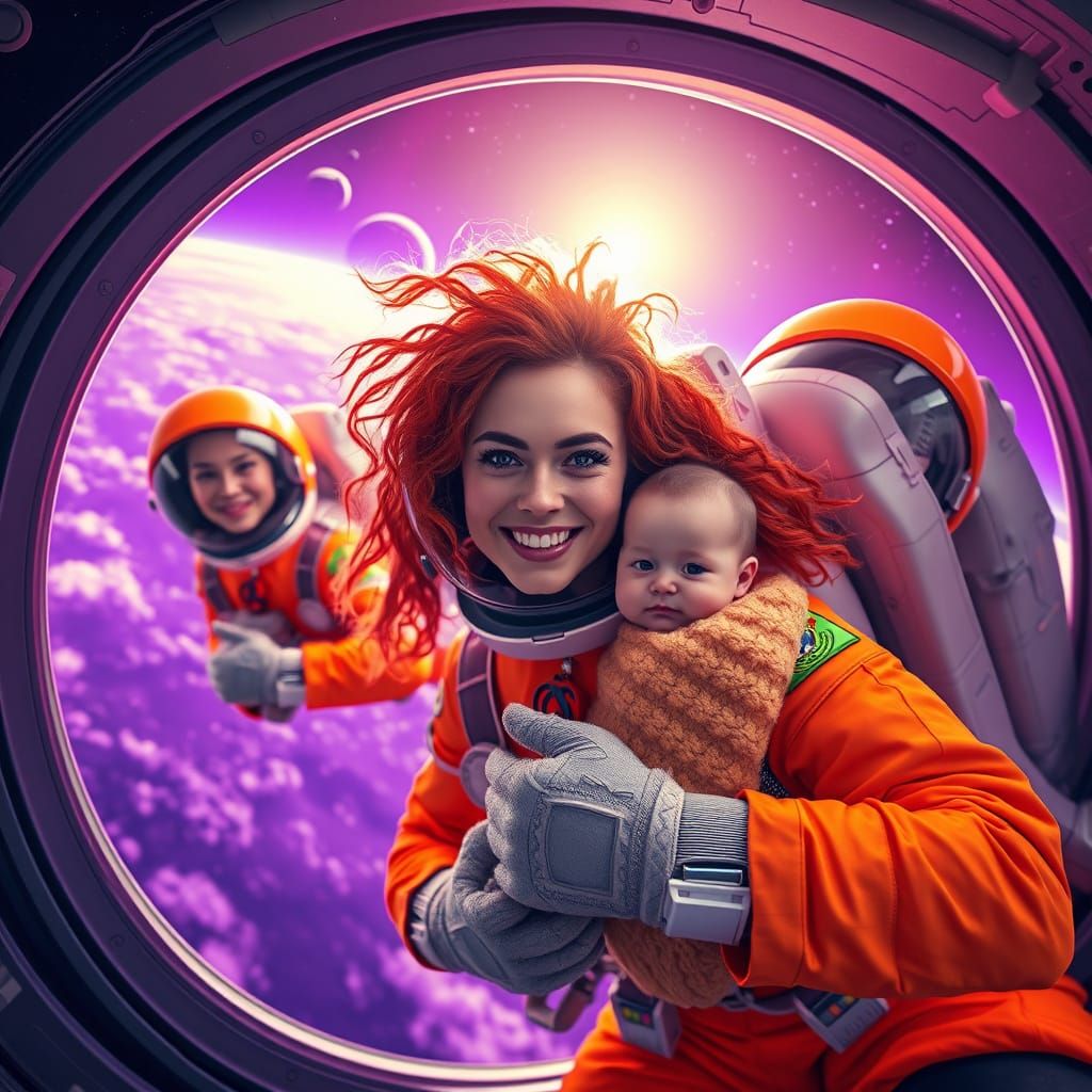 Astronauts in Shimmering Orange Suits Explore a Vibrant Purp...