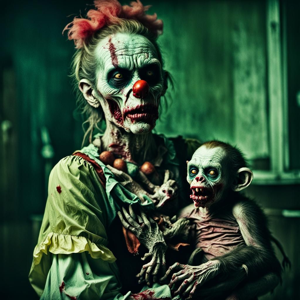 Creepy Zombie Clown Woman Nursing Baby