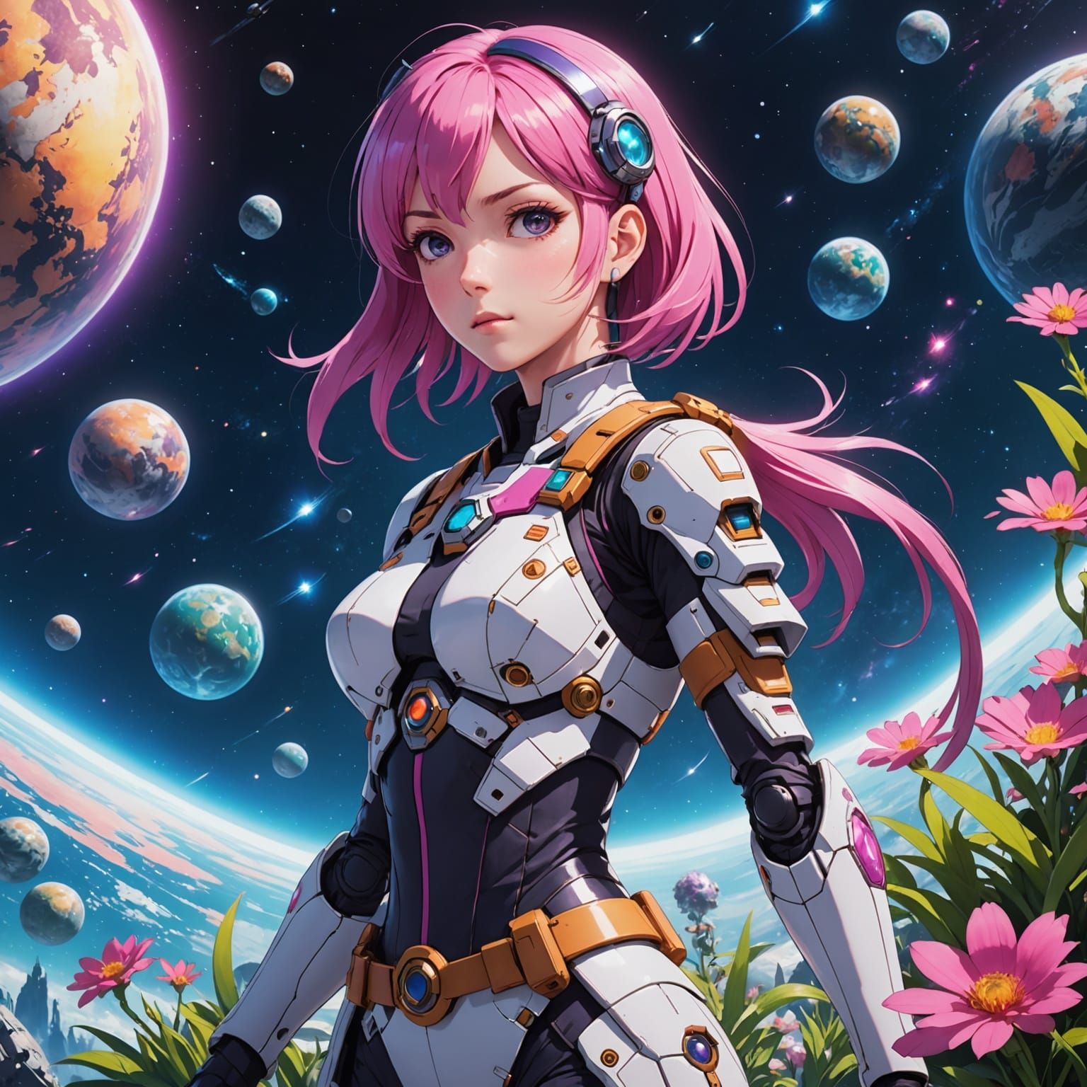 Violet Eyed Space Explorer in a Floral Planet Landscape