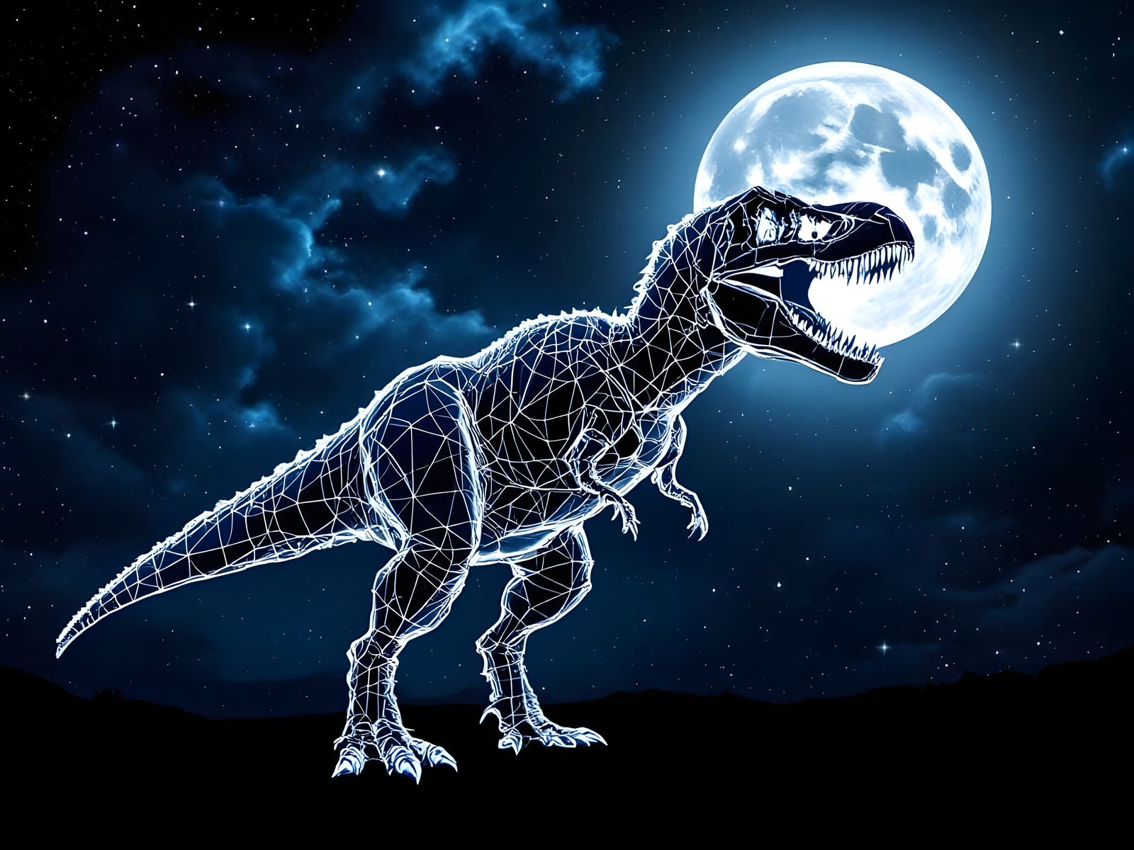 Wireframe T-Rex Silhouette Against Starry Night
