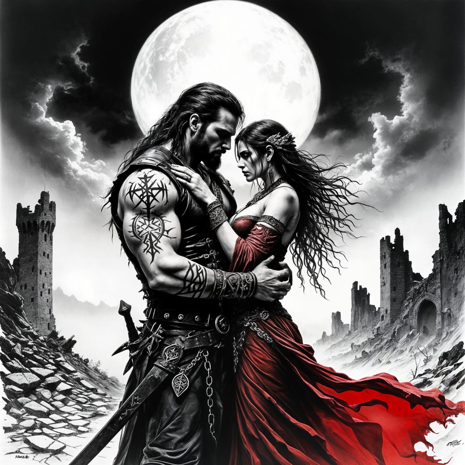 Warrior and Sorceress in Eldritch Dark Fantasy Scene