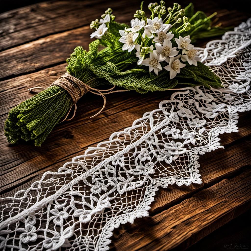 Hyperrealistic Flowers Wrapped in Lace on Wood Table