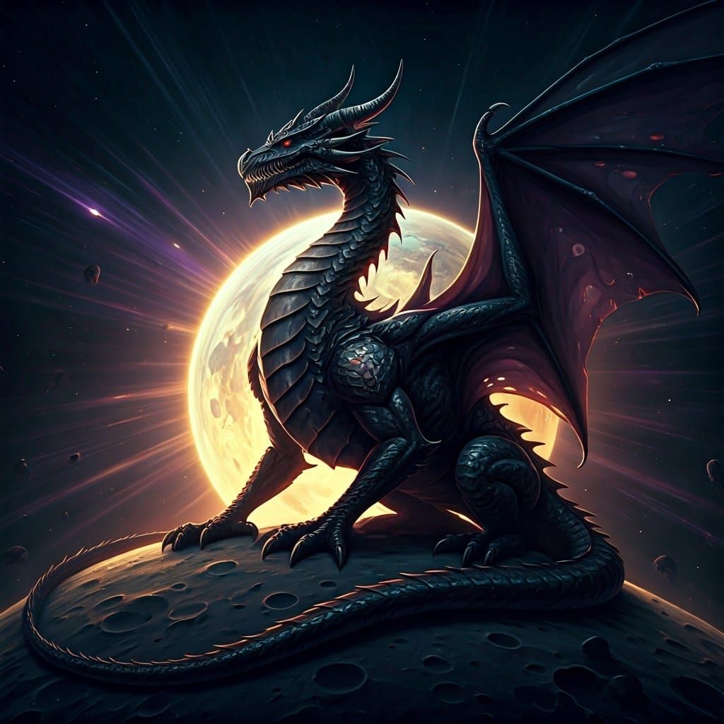Dragon Guardian on the Moon in Dark Fantasy Style