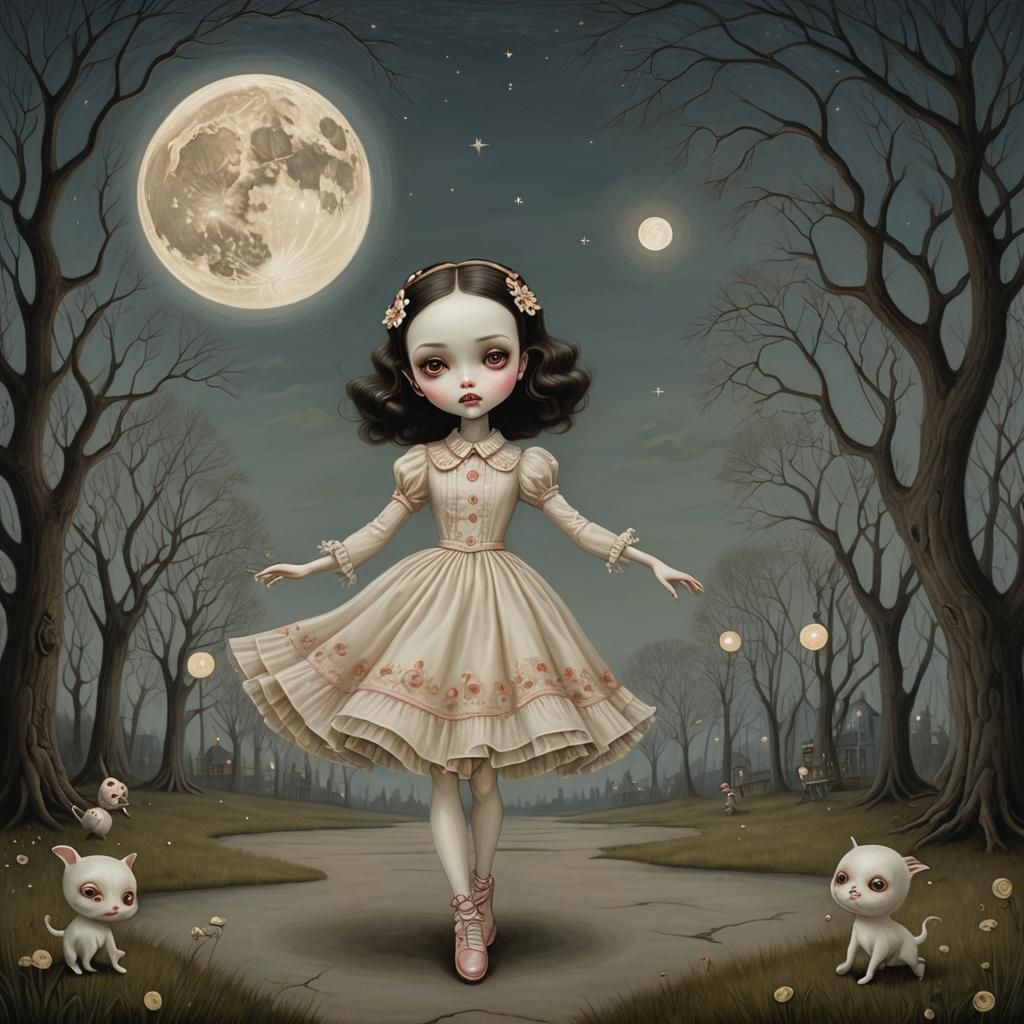 Girl Dancing Under Moon in Pop Surrealism Style