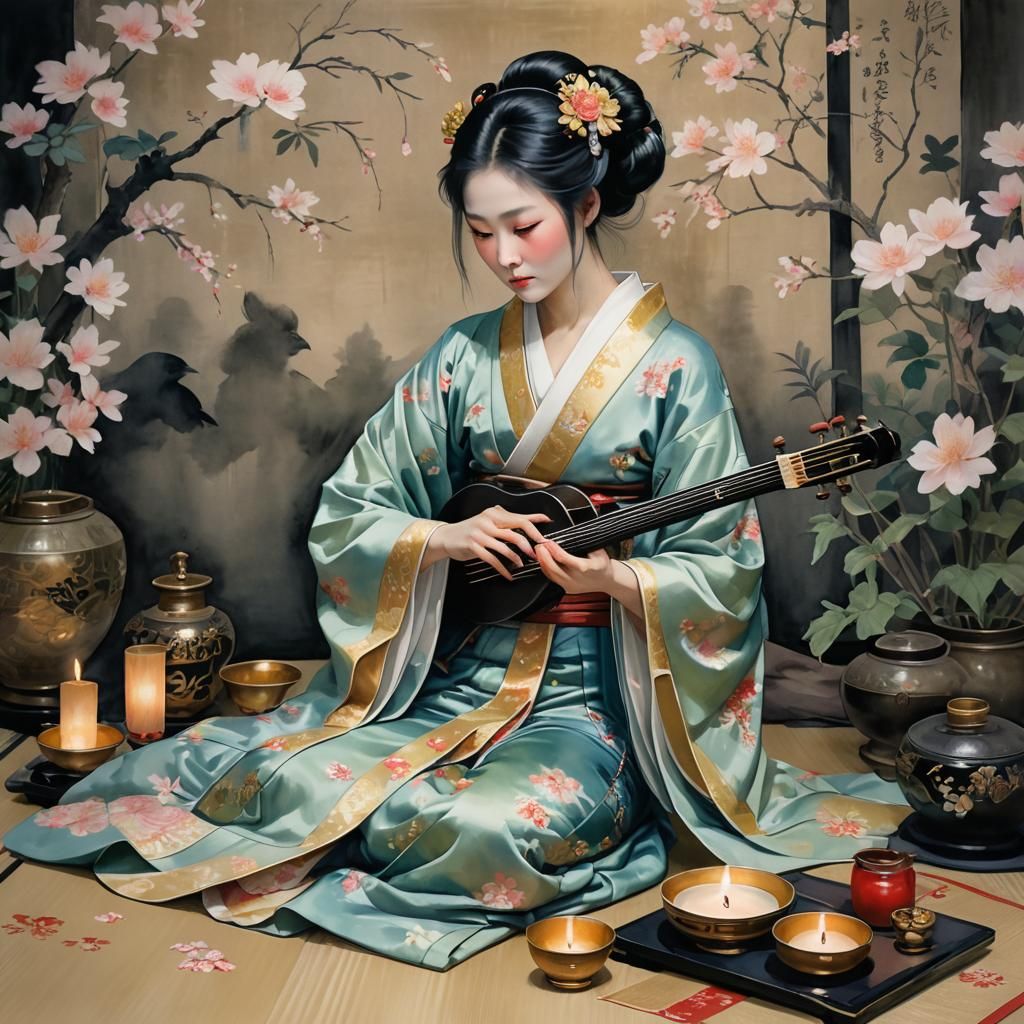 Ethereal Japanese Woman in Opulent Kimono