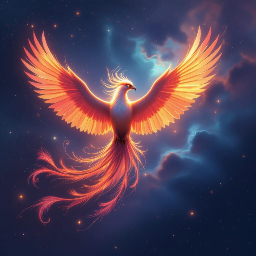 Bioluminescent Phoenix Soaring Through a Nebula