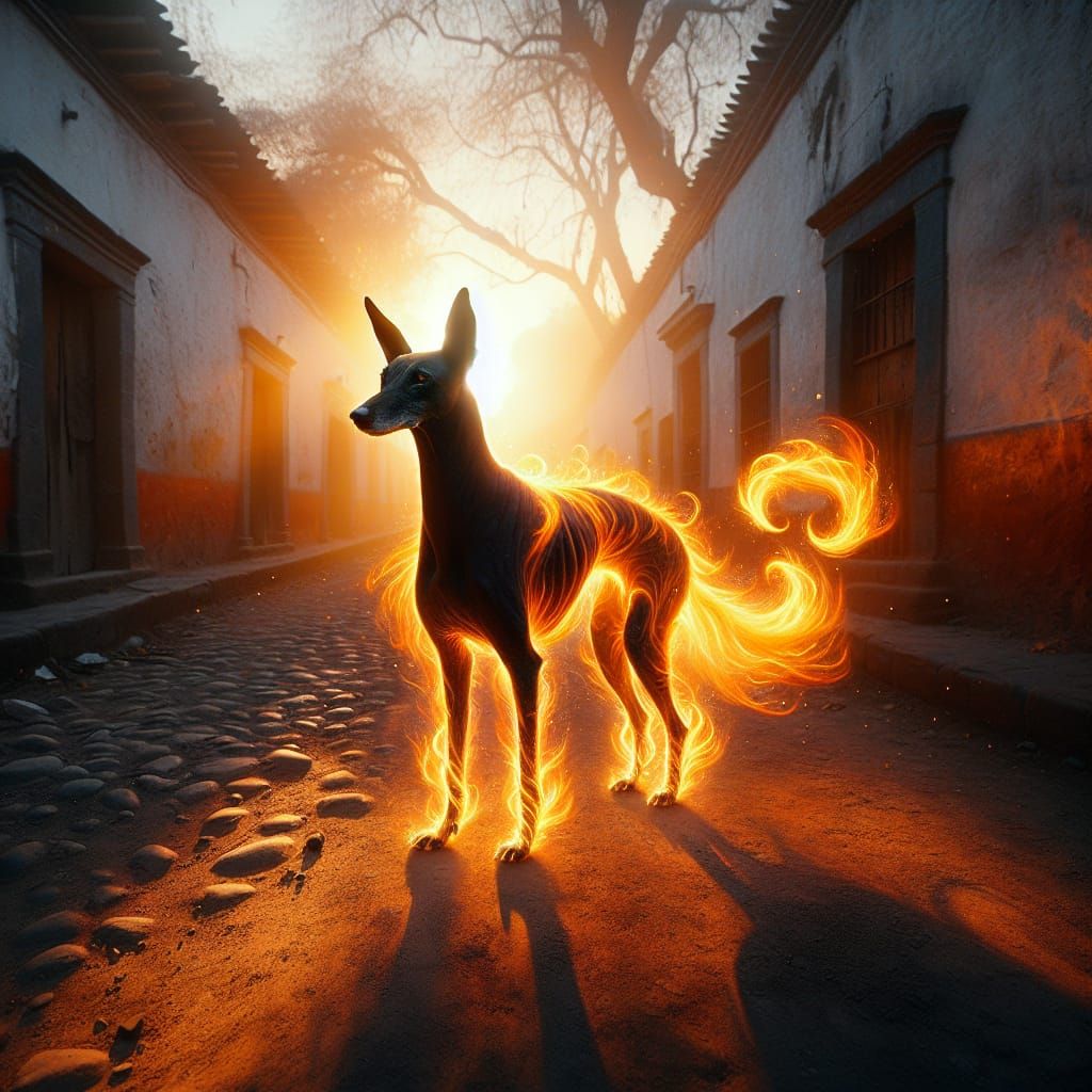 Ethereal Flaming Xoloitzcuintle in Mexican Village