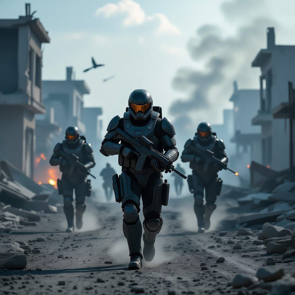 Futuristic Soldiers Advance Through War-Torn Cityscape