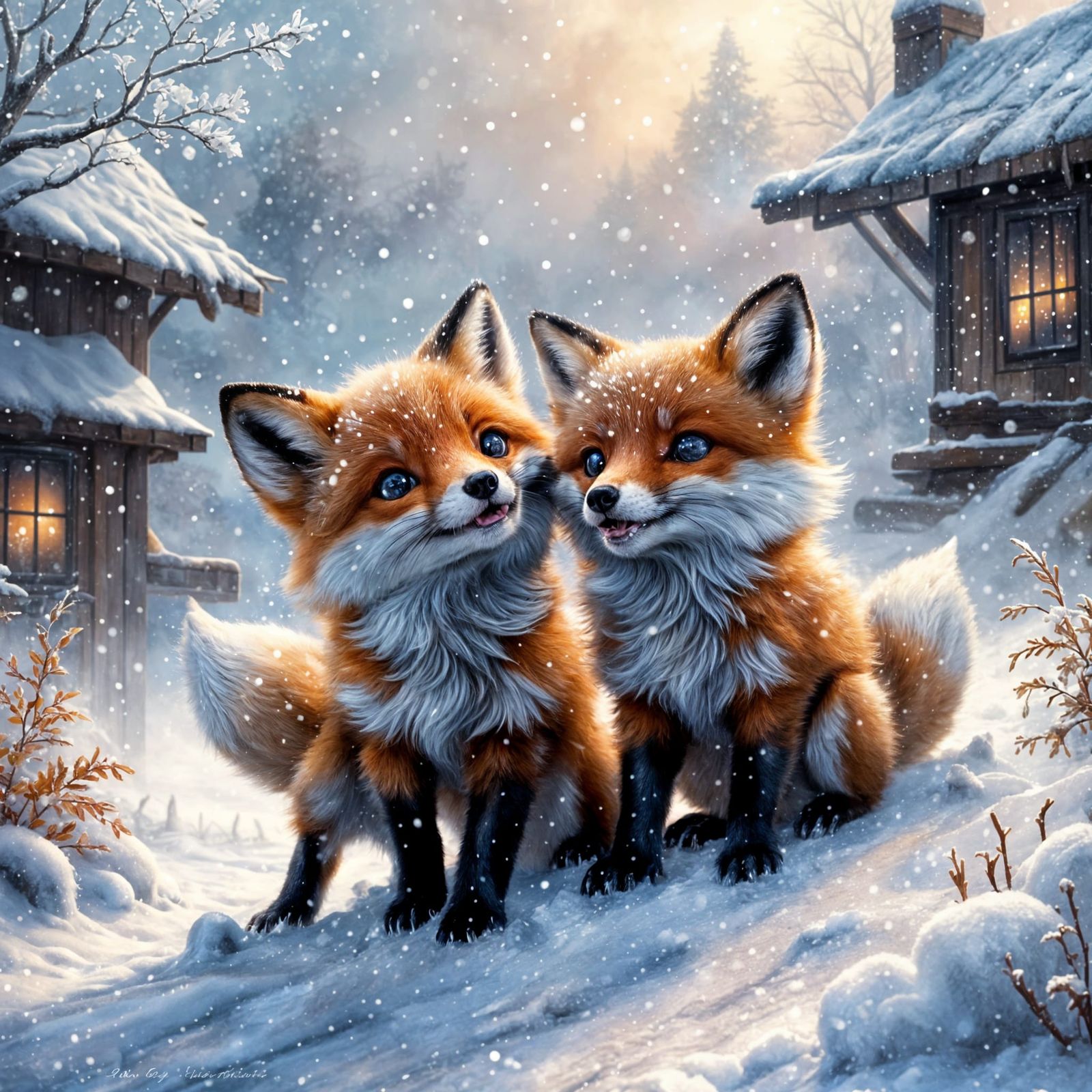 Winter Wonderland Fox Cubs Play in Snowy Forest