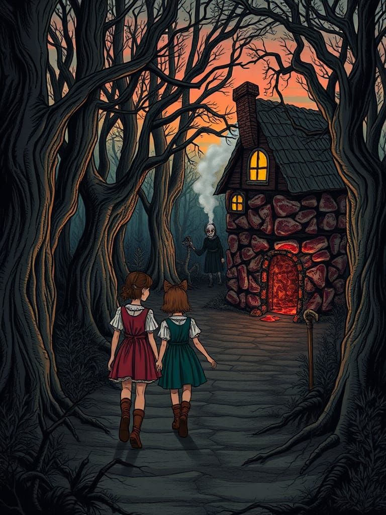 Hansel and Gretel's Gruesome Discovery in Gothic Style
