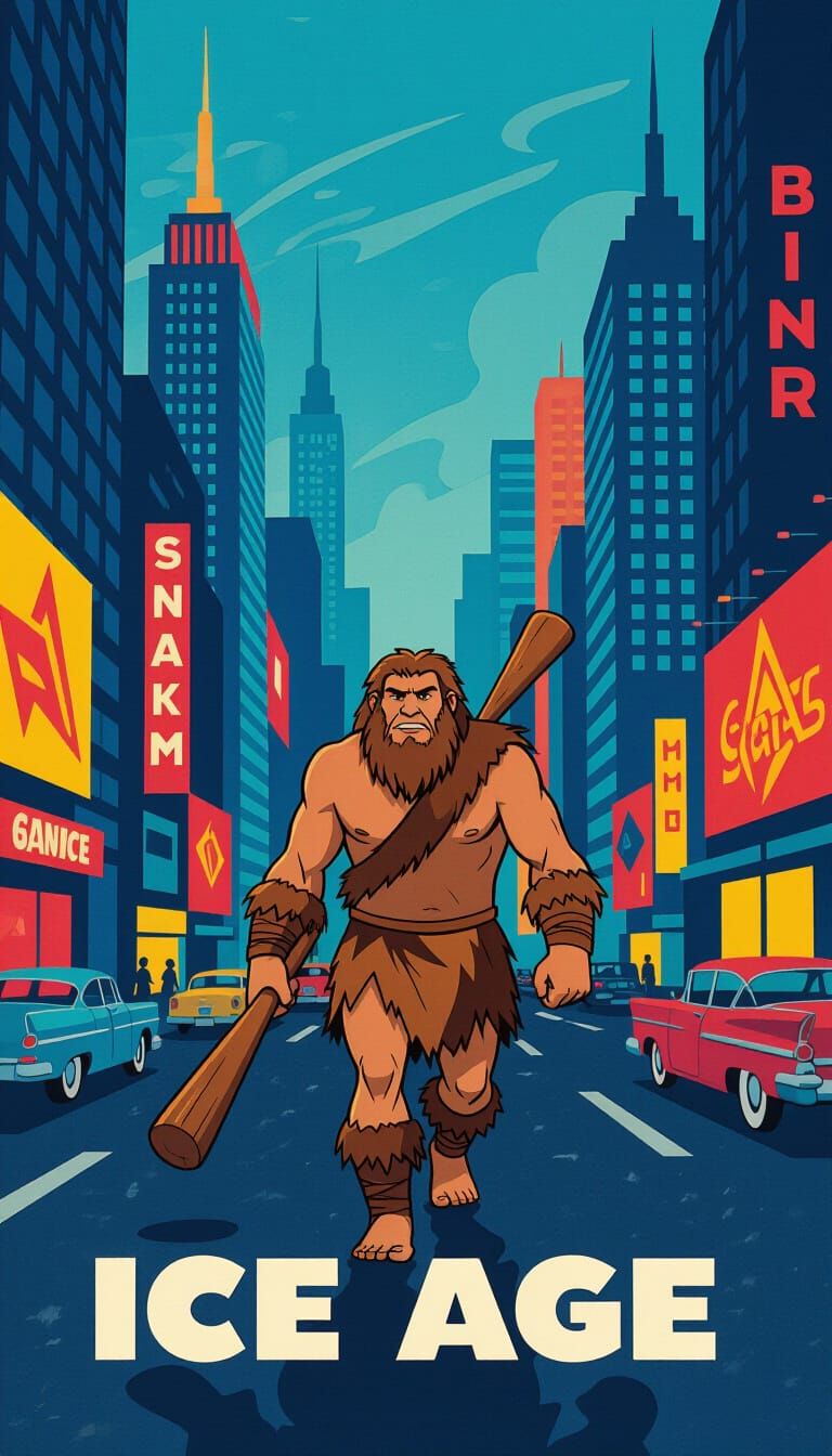 Ice Age Man in Modern City, Mid-Century Modern Style