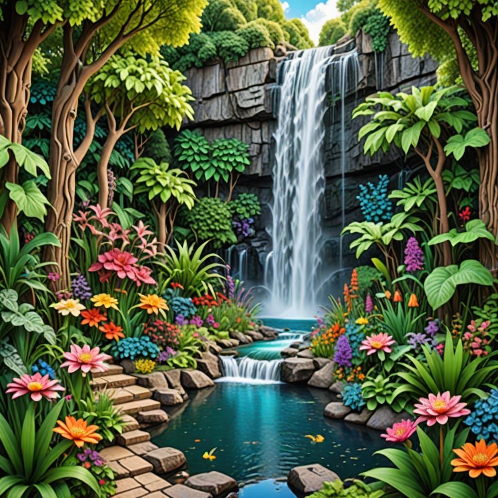 3D Optical Illusion of Mystical Garden Waterfall