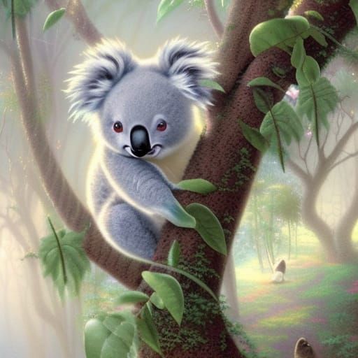 Sweet Koala with Eucalyptus Leaves in Ethereal Style
