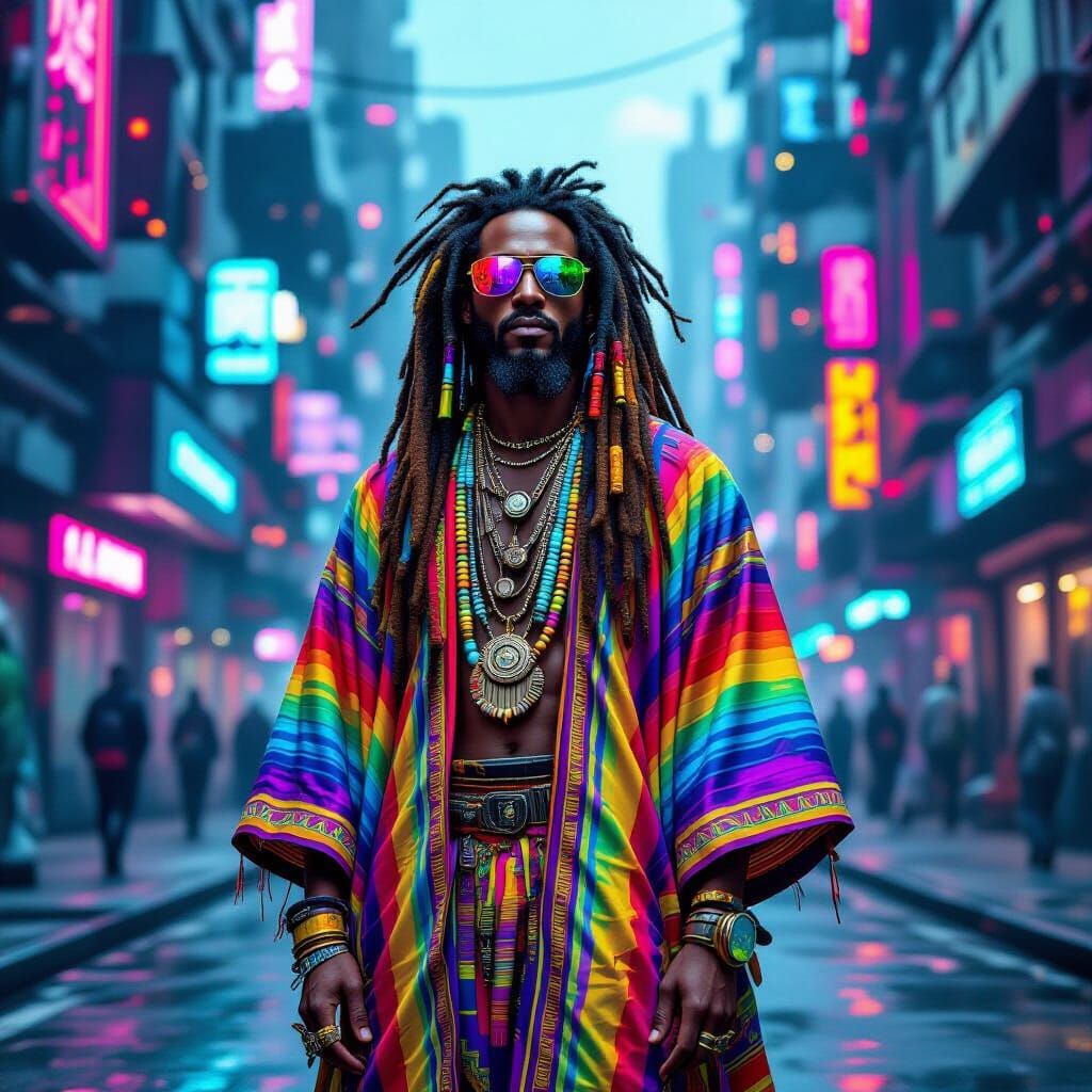 Futuristic Rastafarian in Cyberpunk Cityscape