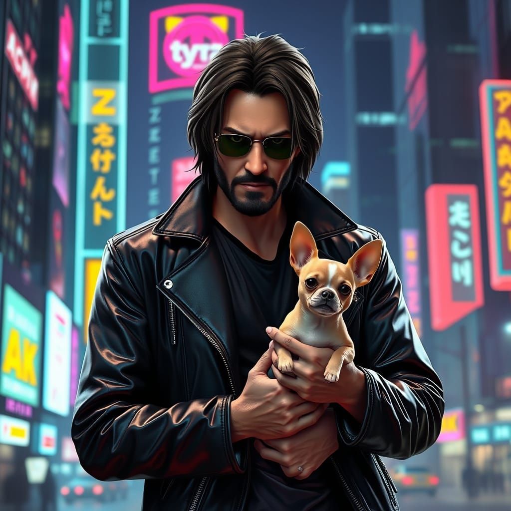 Keanu Reeves with Chihuahua in Anime Art Style