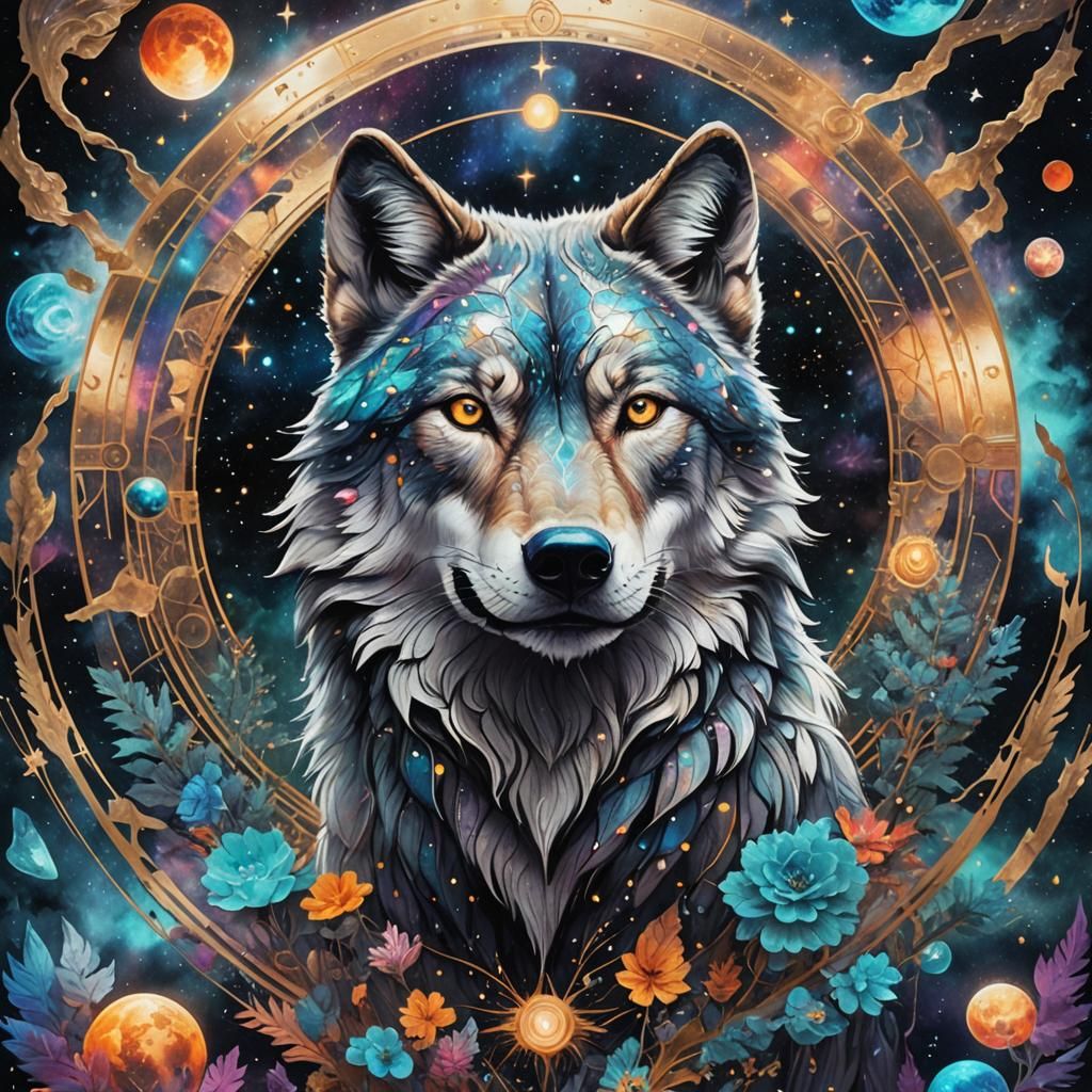 Holographic Cosmic Wolf Illustration in Mixed Media