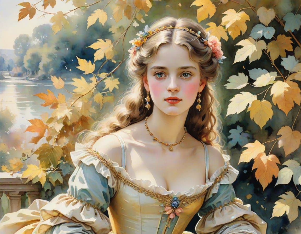 French Romantic Aquarelle of a Gentle Lady in a Garden